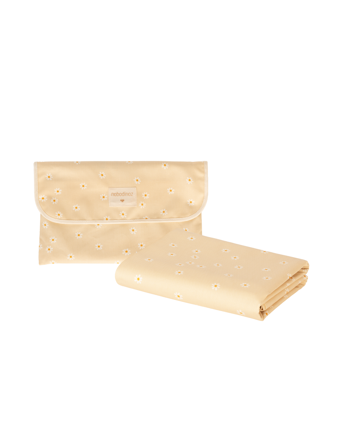 Nobodinoz Waterproof Picnic Blanket Sunshine - Daisies, folded with its strap
