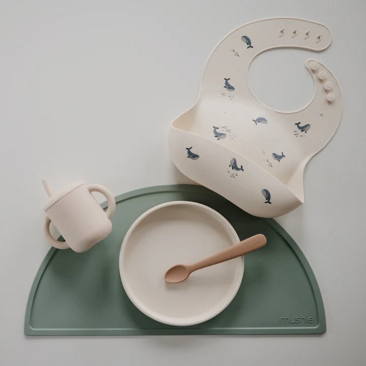 Mushie - Baby Tableware - Silicone Training Cup + Straw - Ivory - Tummy Time
