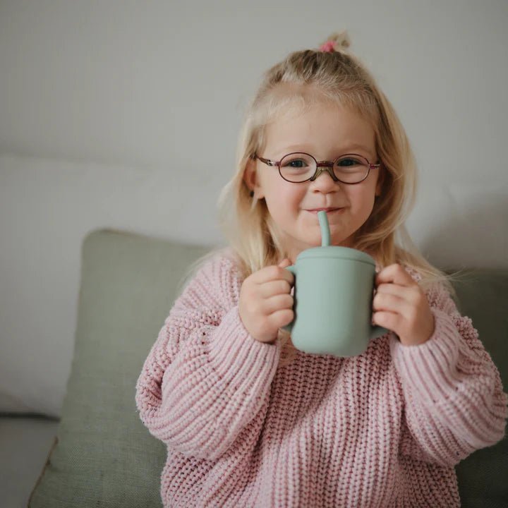 Mushie - Baby Tableware - Silicone Training Cup + Straw - Powder Blue - Tummy Time