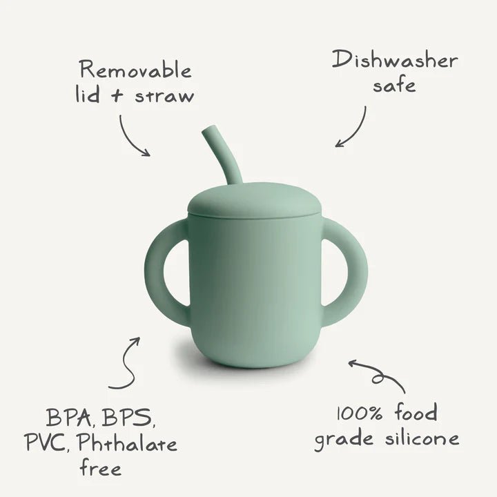 Mushie - Baby Tableware - Silicone Training Cup + Straw - Powder Blue - Tummy Time