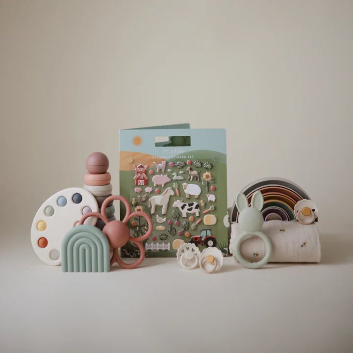 Mushie - Educational Games - Reusable Farm Sticker Set - Tummy Time