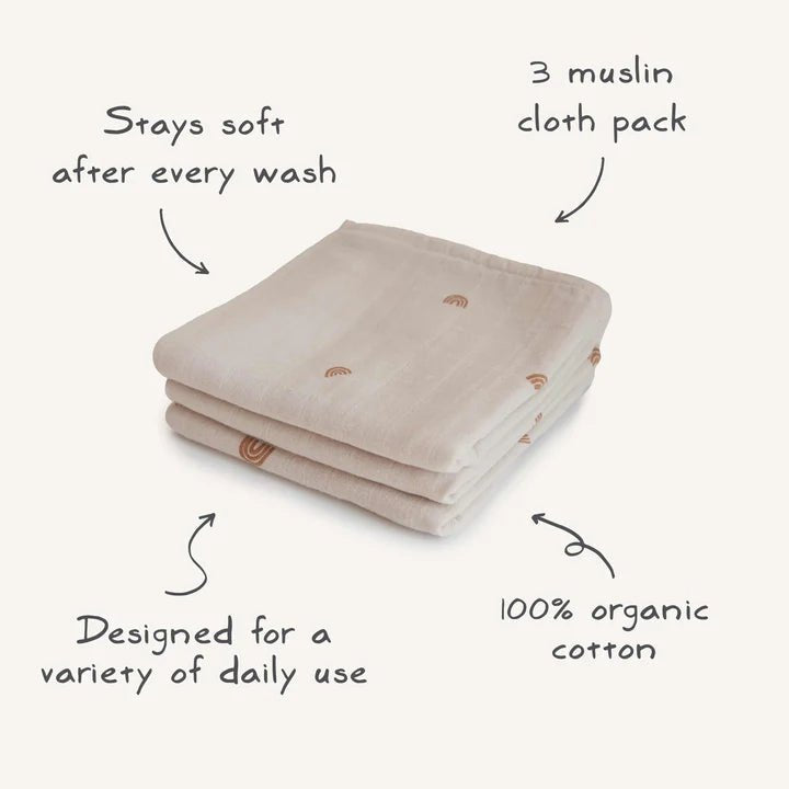 Mushie - Towels & Washcloths - Organic Cotton Muslin Cloths 3 - Pack - Rainbows - Tummy Time