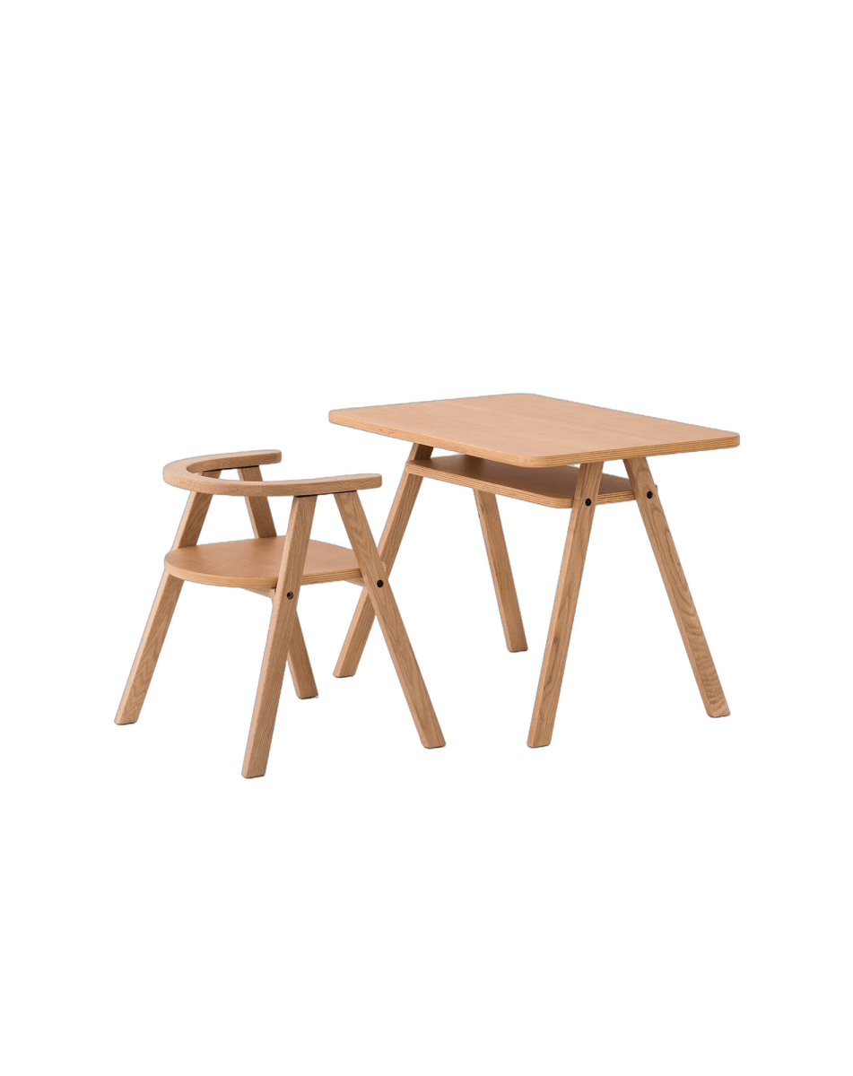 Nobodinoz Kids Table and Chair Growing Green - Natural Oak, table and chair set on a plain background