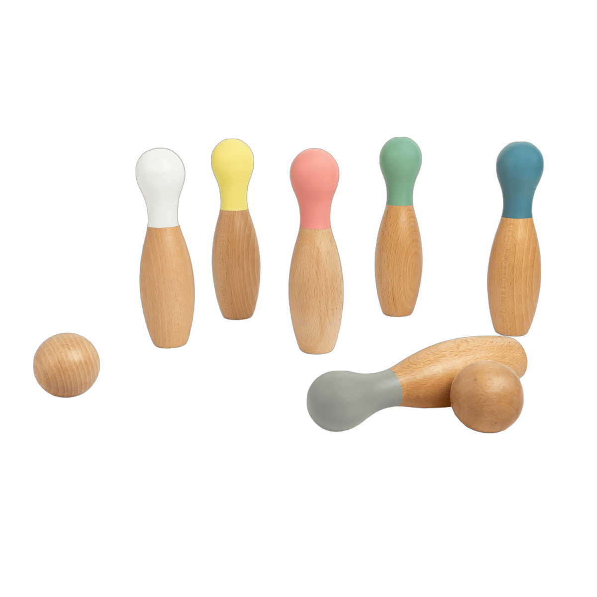 Nobodinoz Wooden Bowling Set - Multicolour, pins and balls
