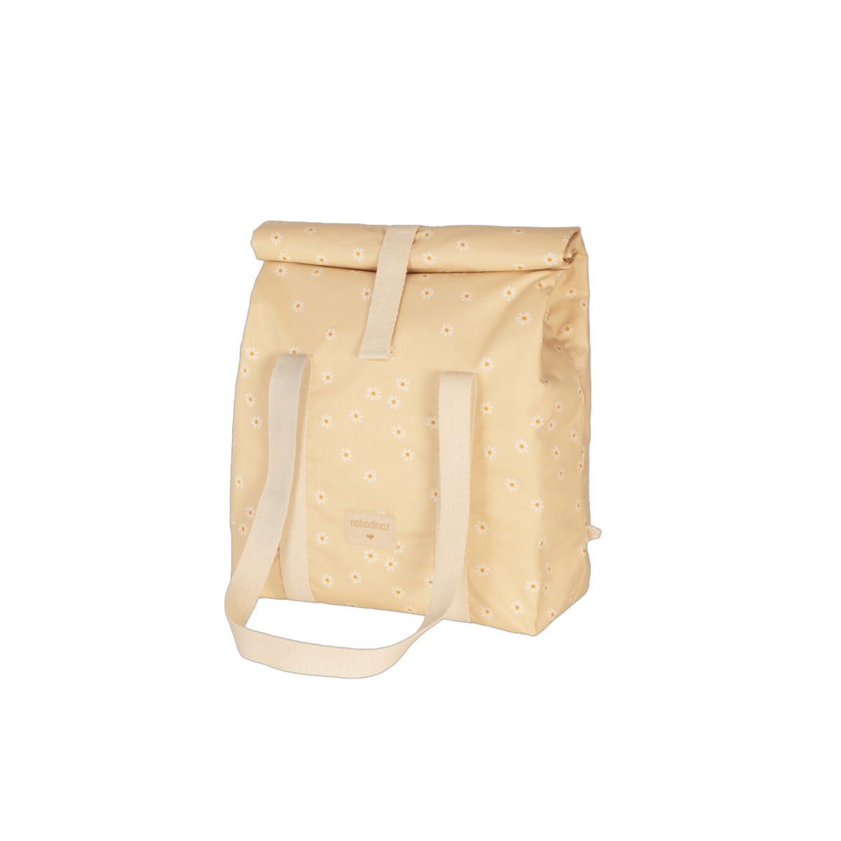 Nobodinoz Family Cooler Bag Sunshine - Daisies, cooler bag with the top rolled down