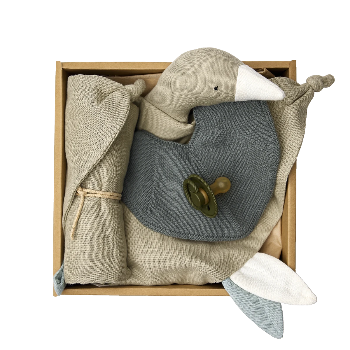 saga copenhagen baby gift box green tea, open box from above with muslin cloth, cuddle cloth and knitted bib in green tea