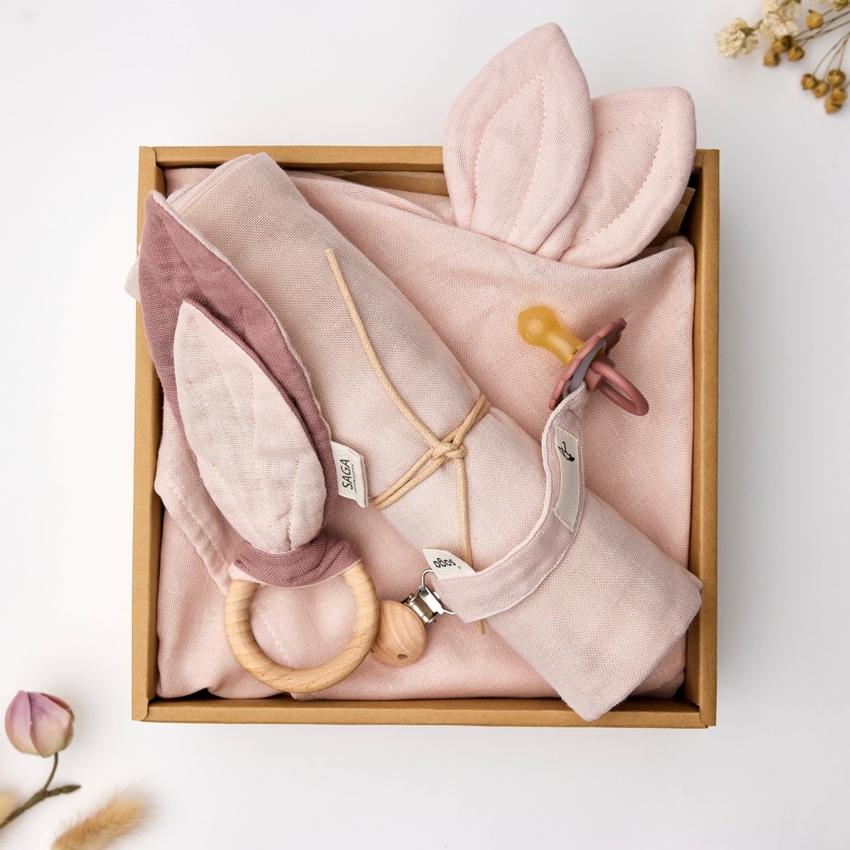 saga copenhagen baby gift box mellow rose, open box styled with dried flowers