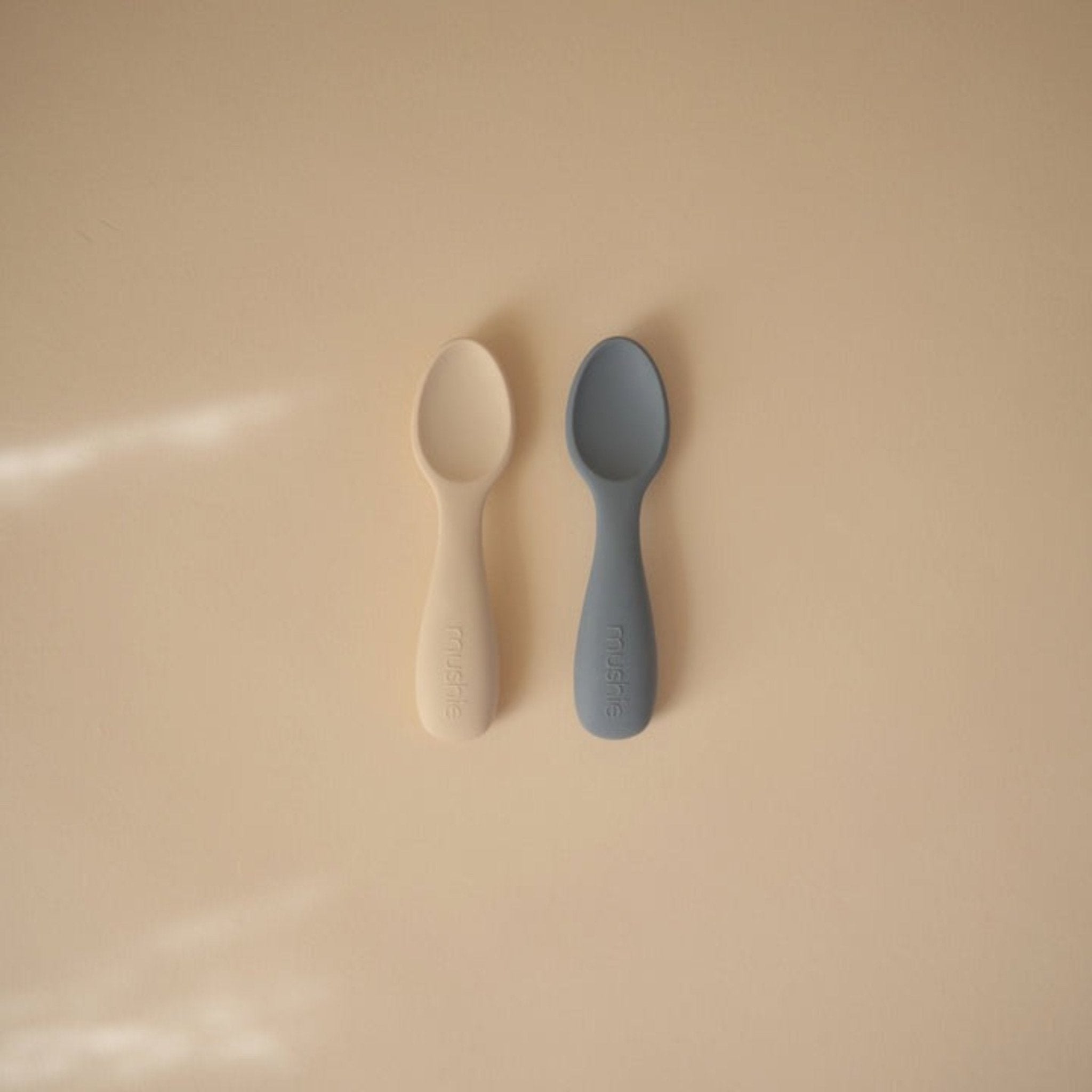 Mushie - Baby Tableware - 2 - Pack Toddler Starter Spoons - Tradewinds/Shifting Sand - Tummy Time