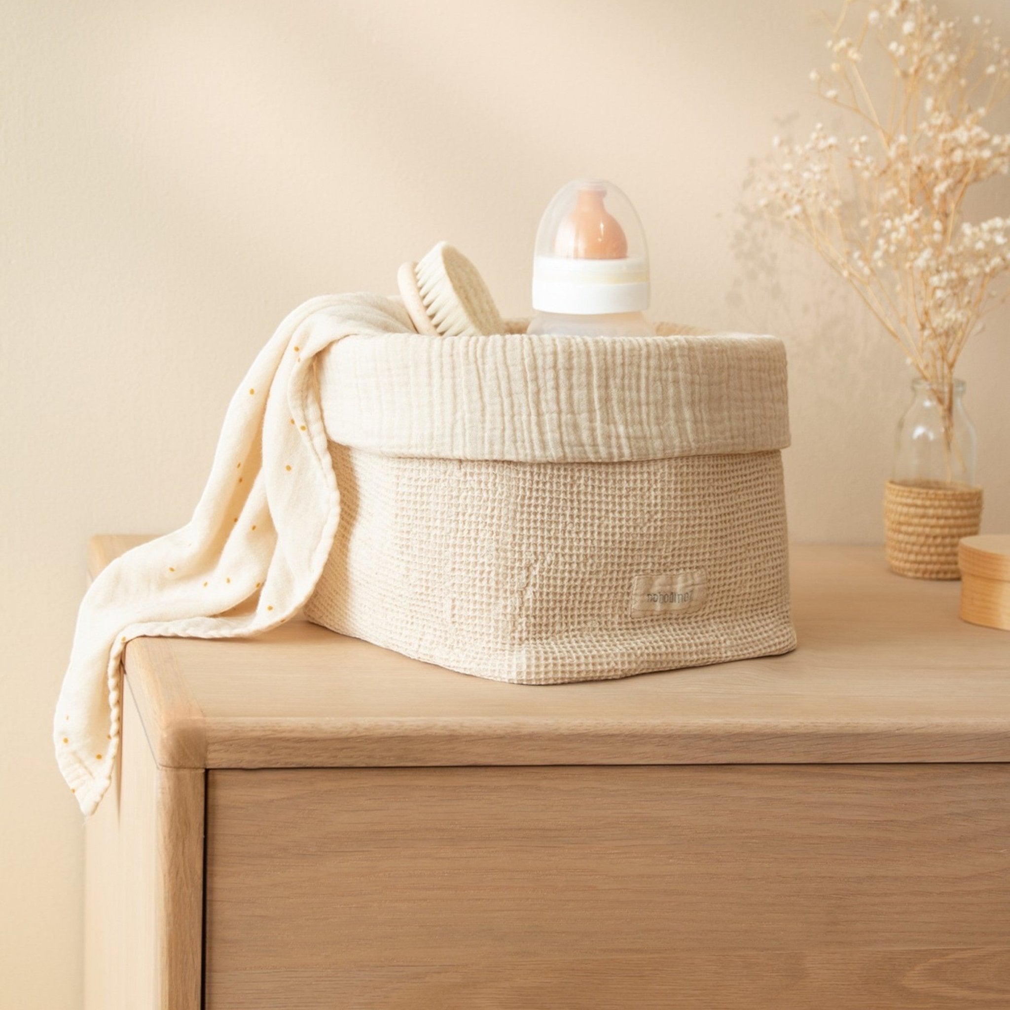 Nobodinoz - Baby & Kids Decoration - Basket in washed cotton Wabi - Sabi - Ginger - Tummy Time