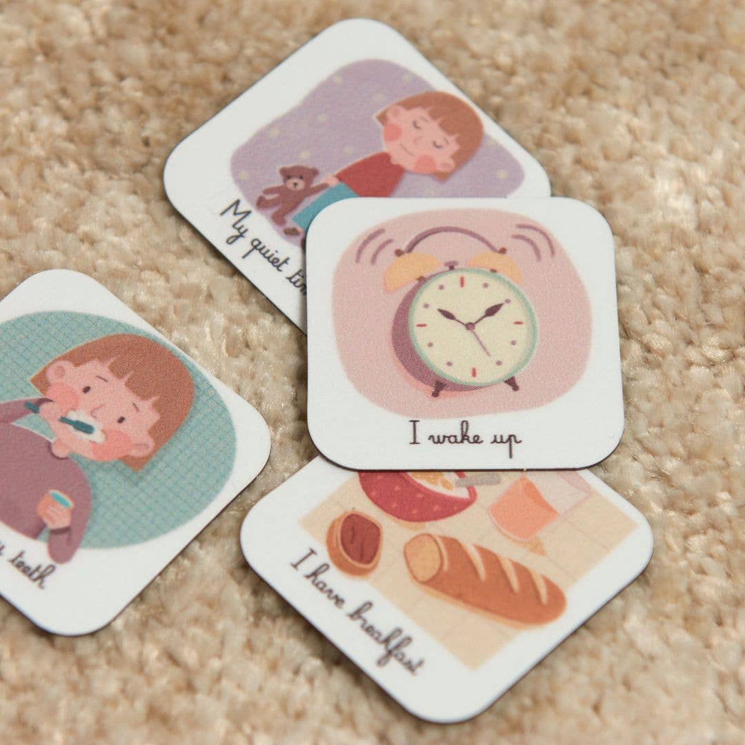 magnets se lever, petit-déjeuner et temps calme sur un tapis