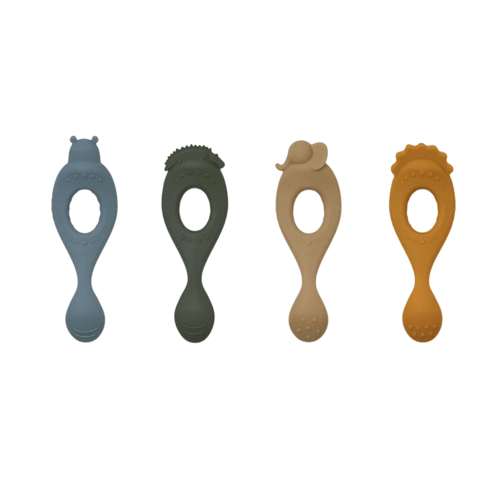 Liewood - Baby Tableware - 4 - Pack Liva Silicone Spoon - Safari/Blue Multi Mix - Tummy Time