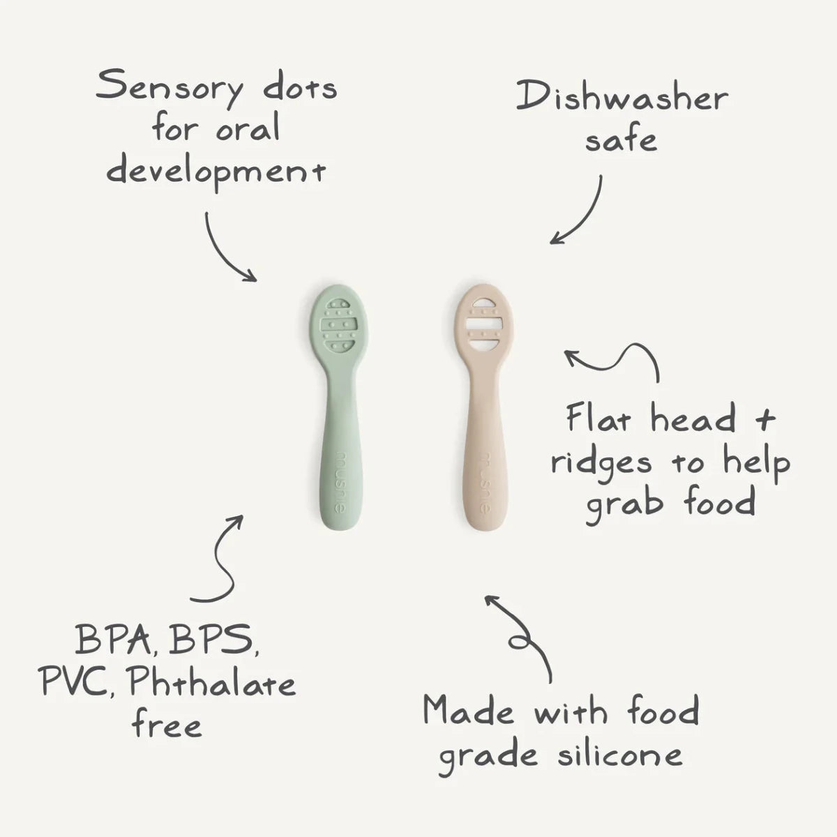 Mushie - Baby Tableware - 2 - Pack First Feeding Baby Spoons - Blush/Shifting Sand - Tummy Time