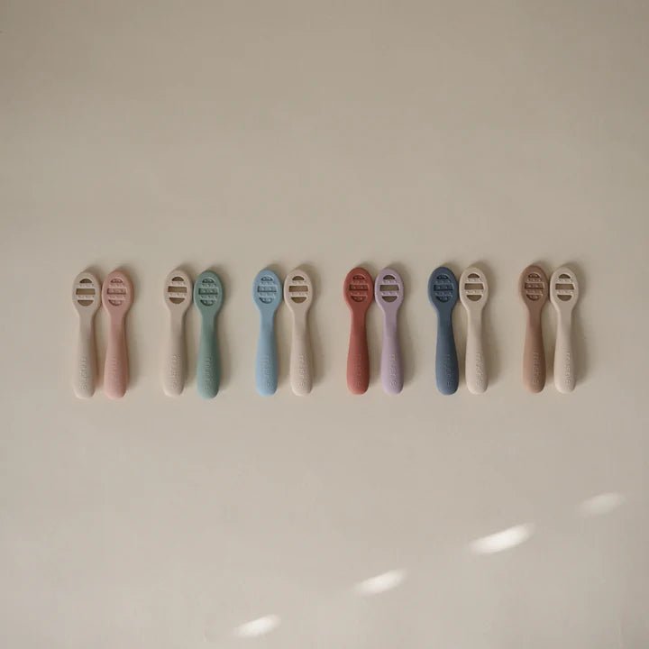 Mushie - Baby Tableware - 2 - Pack First Feeding Baby Spoons - Tradewinds/Shifting Sands - Tummy Time