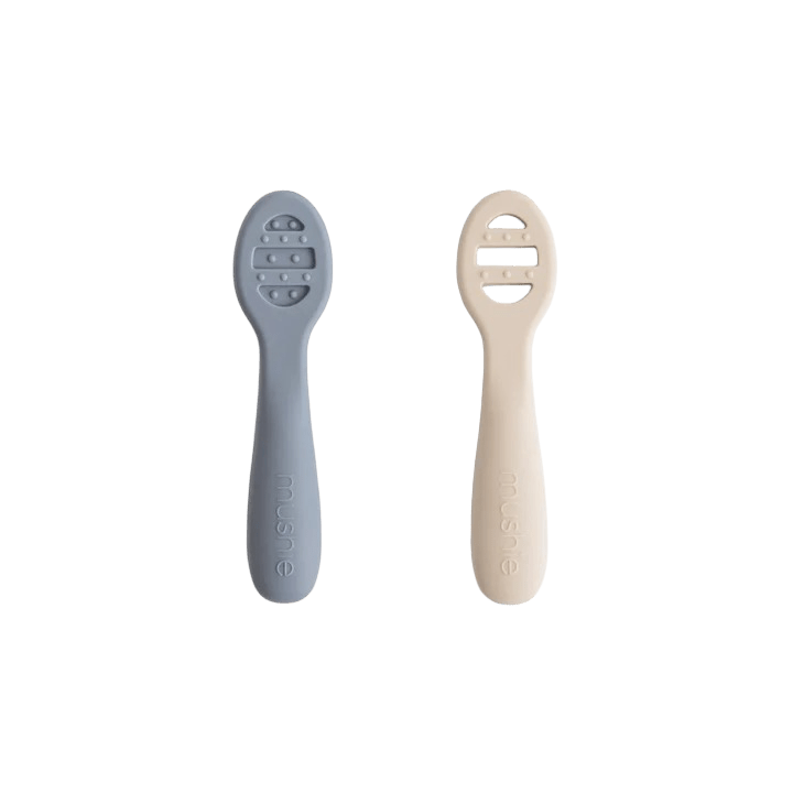 Mushie - Baby Tableware - 2 - Pack First Feeding Baby Spoons - Tradewinds/Shifting Sands - Tummy Time