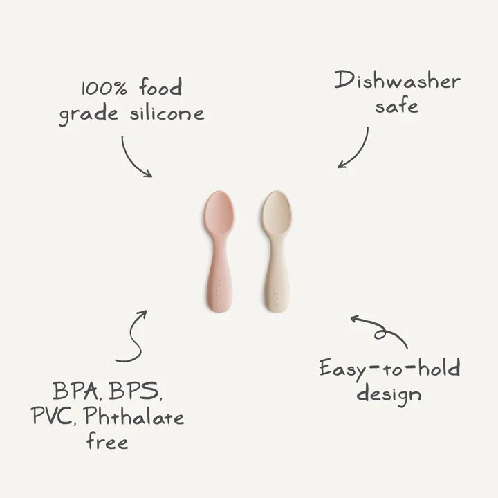 Mushie - Baby Tableware - Silicone Toddler Starter Spoons - Blush/Shifting Sands - Tummy Time