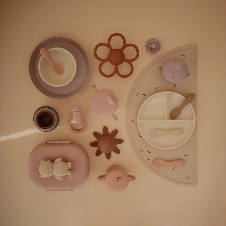 Mushie - Baby Tableware - Silicone Toddler Starter Spoons - Blush/Shifting Sands - Tummy Time