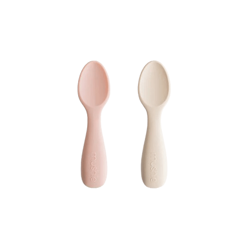 Mushie - Baby Tableware - Silicone Toddler Starter Spoons - Blush/Shifting Sands - Tummy Time