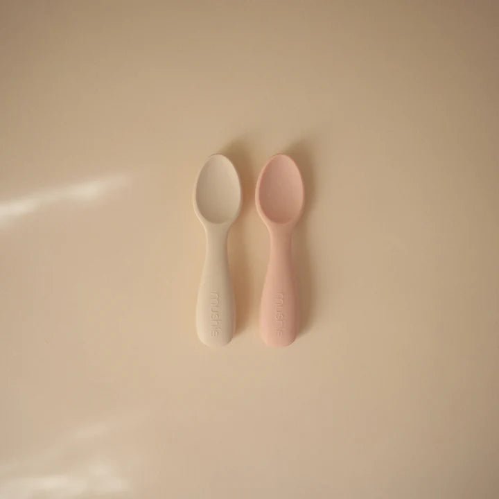 Mushie - Baby Tableware - Silicone Toddler Starter Spoons - Blush/Shifting Sands - Tummy Time