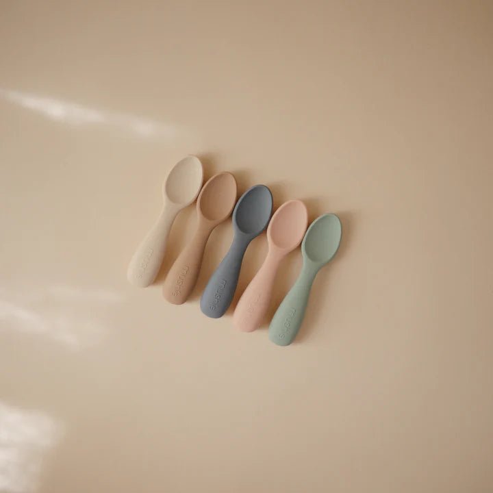 Mushie - Baby Tableware - Silicone Toddler Starter Spoons - Blush/Shifting Sands - Tummy Time