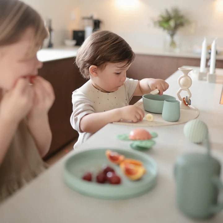 Mushie - Baby Tableware - Silicone Toddler Starter Spoons - Cambridge Blue/Shifting Sands - Tummy Time