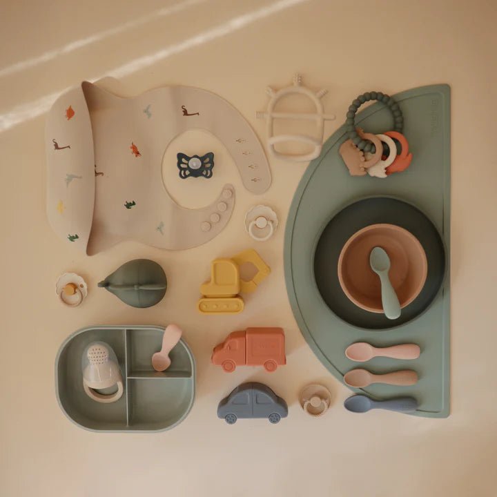 Mushie - Baby Tableware - Silicone Toddler Starter Spoons - Cambridge Blue/Shifting Sands - Tummy Time