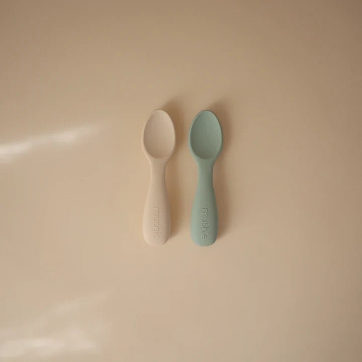Mushie - Baby Tableware - Silicone Toddler Starter Spoons - Cambridge Blue/Shifting Sands - Tummy Time