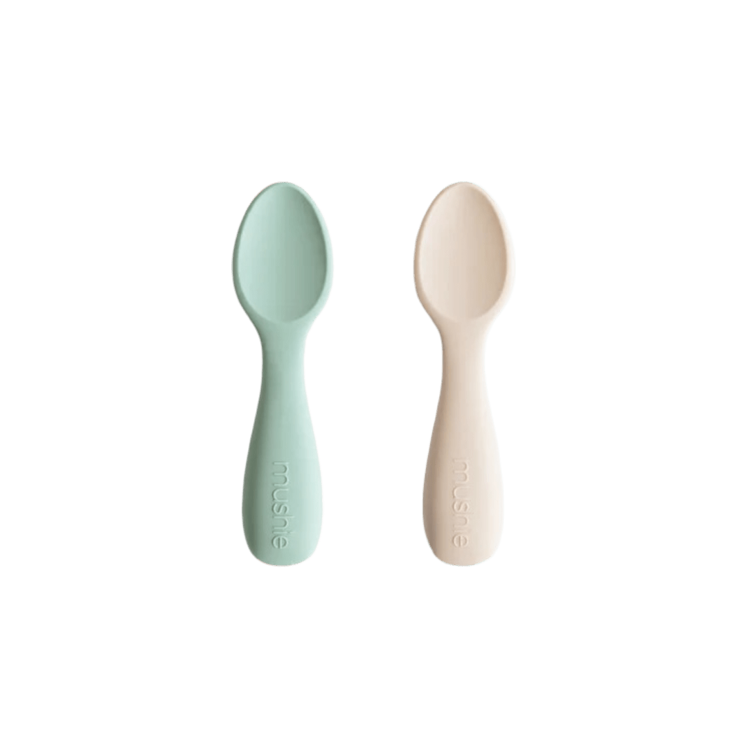 Mushie - Baby Tableware - Silicone Toddler Starter Spoons - Cambridge Blue/Shifting Sands - Tummy Time