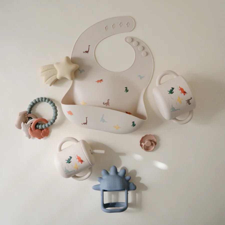 Mushie - Baby Tableware - Silicone Training Cup + Straw - Dinosaurs - Tummy Time