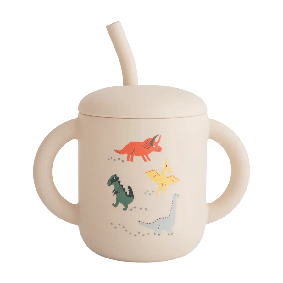Mushie - Baby Tableware - Silicone Training Cup + Straw - Dinosaurs - Tummy Time