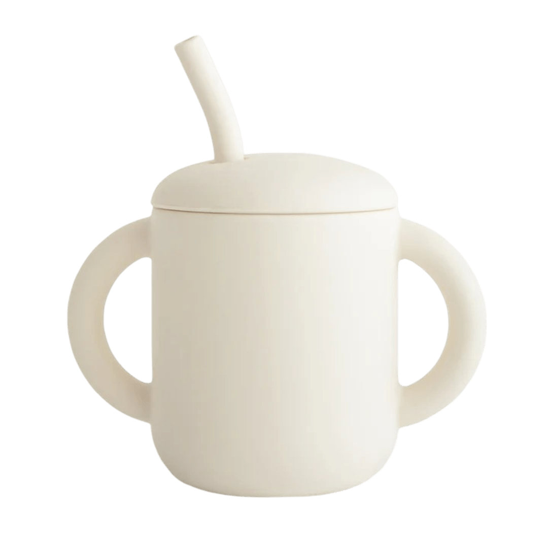 Mushie - Baby Tableware - Silicone Training Cup + Straw - Ivory - Tummy Time