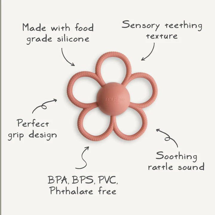 Mushie - Baby Teethers - Daisy Rattle Teether - Soft Lilac - Tummy Time