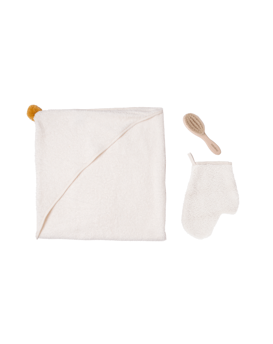 Nobodinoz Baby Bath Set So Cute - Natural, bath cape, wash mitt and brush