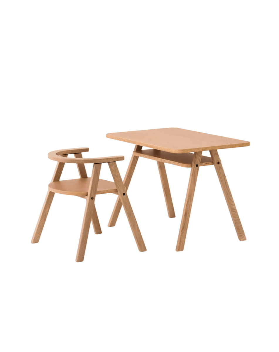 Nobodinoz - Baby Tableware - Growing Green Table and Chair - Oak Wood - Tummy Time