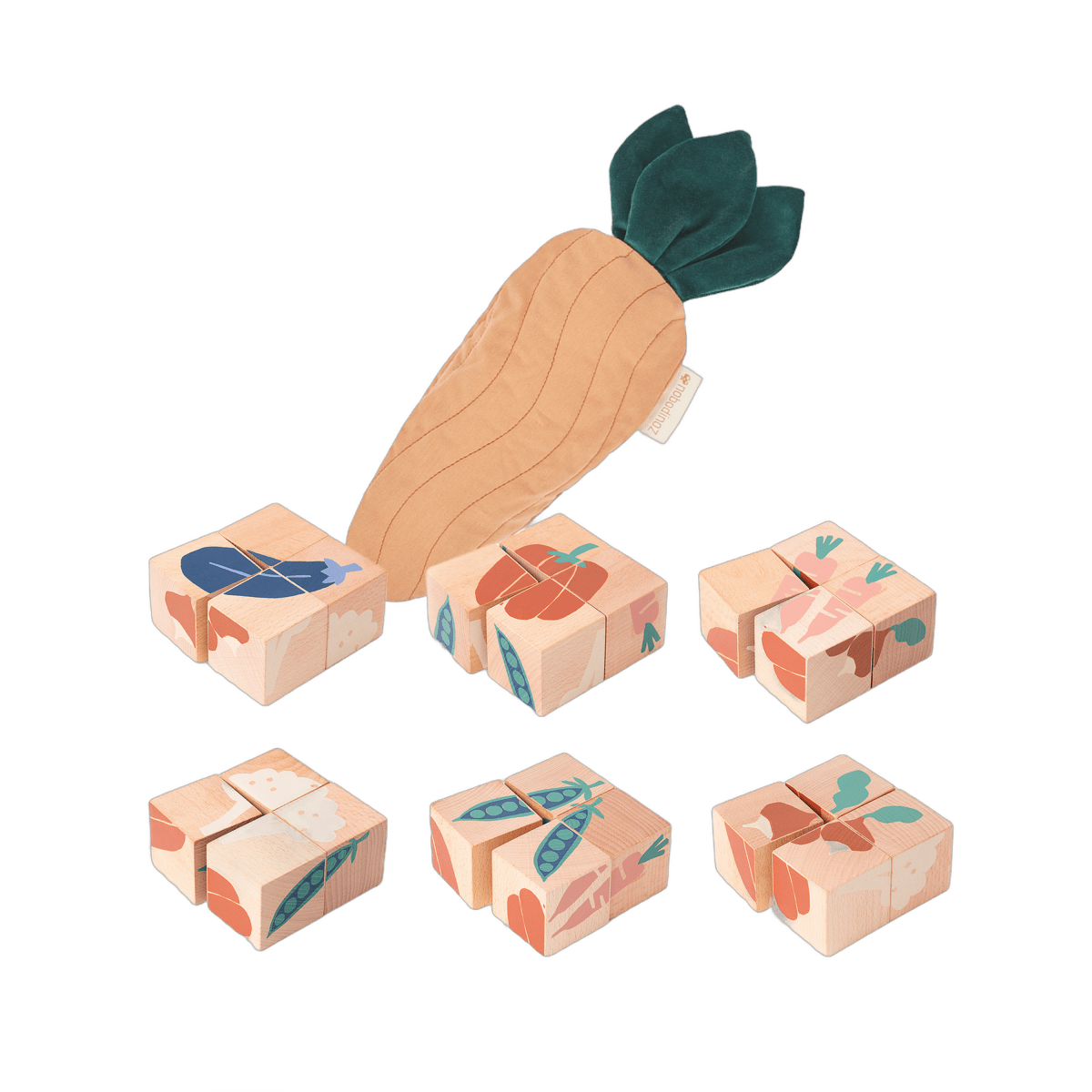 Nobodinoz Wooden Cubes - Veggies, vegetable cubes on a plain background