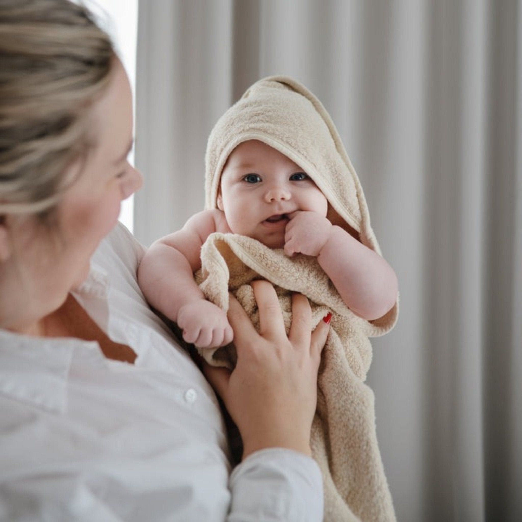 Mushie - Towels & Washcloths - Organic Cotton Baby Hooded Towel - Pearl - Tummy Time