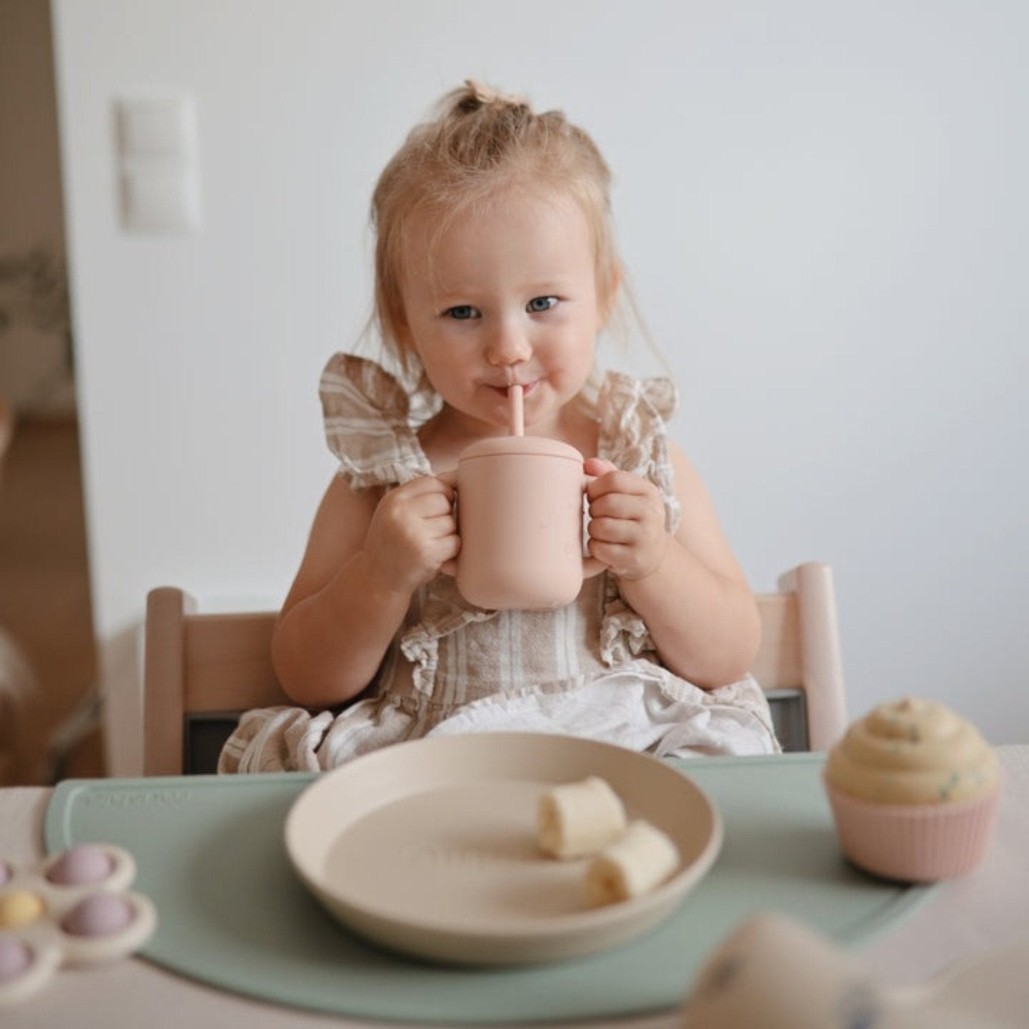 Mushie - Baby Tableware - Silicone Training Cup + Straw - Blush - Tummy Time